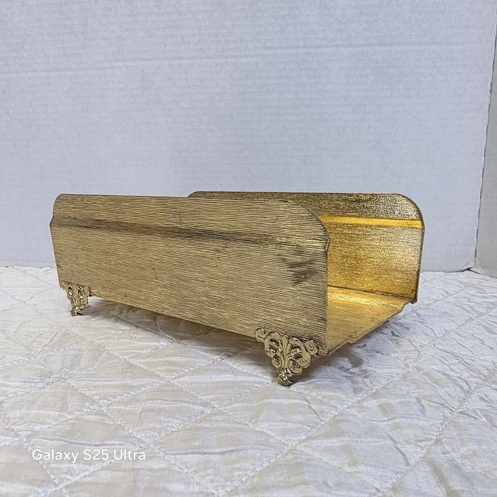 Vintage Hollywood Regency Gold Leaves Acorns Tissue Napkin Mail Holder Victorian